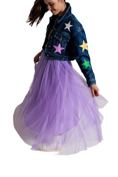 Crop Denim Jacket With Multicolored Stars