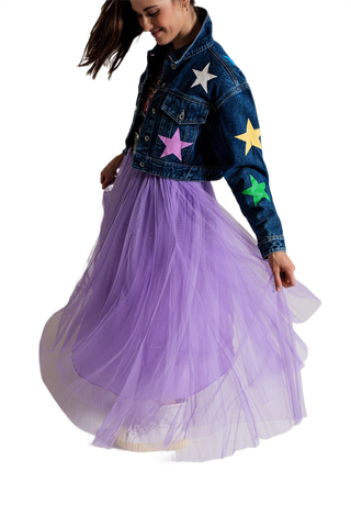 Crop Denim Jacket With Multicolored Stars