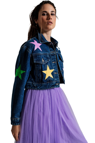 Crop Denim Jacket With Multicolored Stars