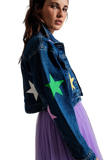 Crop Denim Jacket With Multicolored Stars