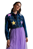 Crop Denim Jacket With Multicolored Stars
