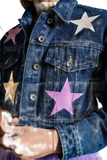 Crop Denim Jacket With Multicolored Stars