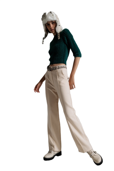 Dark Green Fluffy Knit Sweater With 3/4 Sleeves