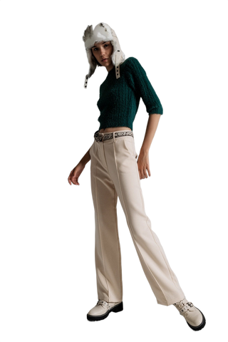 Dark Green Fluffy Knit Sweater With 3/4 Sleeves
