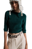 Dark Green Fluffy Knit Sweater With 3/4 Sleeves