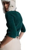 Dark Green Fluffy Knit Sweater With 3/4 Sleeves