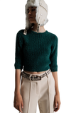 Dark Green Fluffy Knit Sweater With 3/4 Sleeves