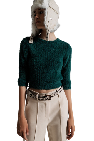 Dark Green Fluffy Knit Sweater With 3/4 Sleeves