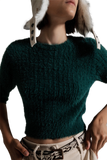 Dark Green Fluffy Knit Sweater With 3/4 Sleeves