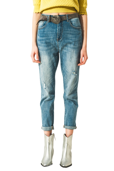 Distressed Straight Leg Jean in Light Blue