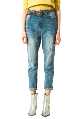 Distressed Straight Leg Jean in Light Blue