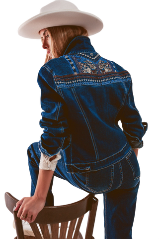 Embroided Back Denim Jacket in Dark Blue