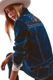 Embroided Back Denim Jacket in Dark Blue