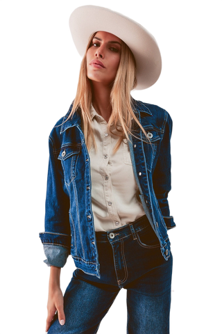 Embroided Back Denim Jacket in Dark Blue