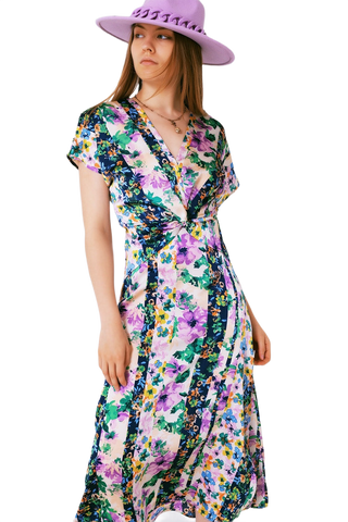 Flower Print Front Knot Maxi Dress in Purple and Green Multicolour