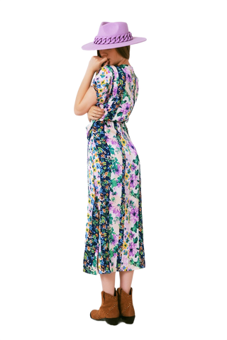 Flower Print Front Knot Maxi Dress in Purple and Green Multicolour