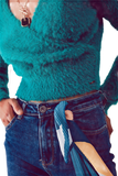 Fluffy v Neck Knit Jumper in Green