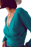 Fluffy v Neck Knit Jumper in Green