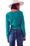 Fluffy v Neck Knit Jumper in Green