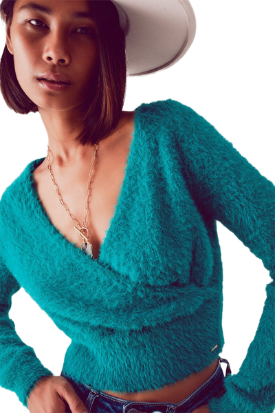 Fluffy v Neck Knit Jumper in Green