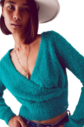 Fluffy v Neck Knit Jumper in Green