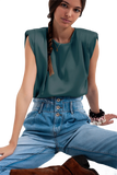 Gathered Satin Shoulder Pad Sleeveless Top in Green