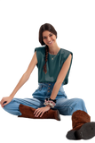 Gathered Satin Shoulder Pad Sleeveless Top in Green
