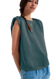 Gathered Satin Shoulder Pad Sleeveless Top in Green