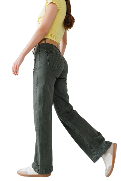 High Waisted Front Pockets Flare Jeans in Dark Khaki