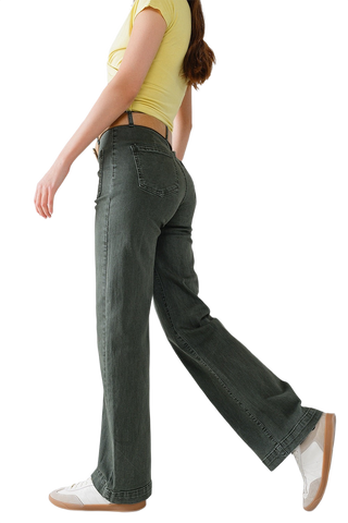 High Waisted Front Pockets Flare Jeans in Dark Khaki