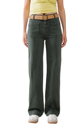 High Waisted Front Pockets Flare Jeans in Dark Khaki