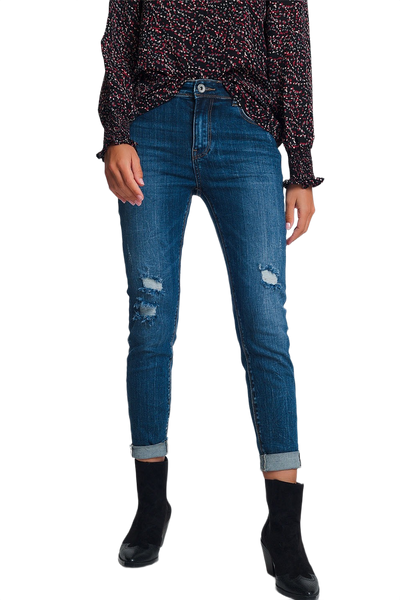 High Waisted Skinny Jeans in Dark Wash Blue With Ripped Details