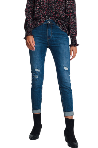 High Waisted Skinny Jeans in Dark Wash Blue With Ripped Details