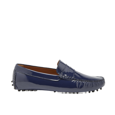Penny Driving Loafers, Navy Blue Patent Leather