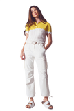 Knitted Colour Block Cropped Polo in White and Yellow