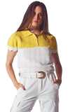 Knitted Colour Block Cropped Polo in White and Yellow