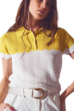 Knitted Colour Block Cropped Polo in White and Yellow