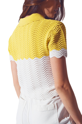 Knitted Colour Block Cropped Polo in White and Yellow