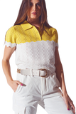 Knitted Colour Block Cropped Polo in White and Yellow