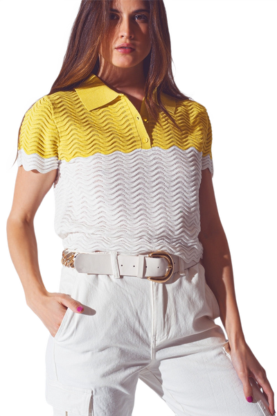 Knitted Colour Block Cropped Polo in White and Yellow