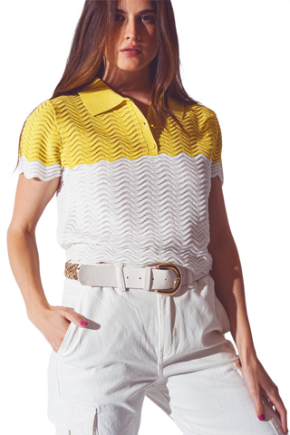 Knitted Colour Block Cropped Polo in White and Yellow