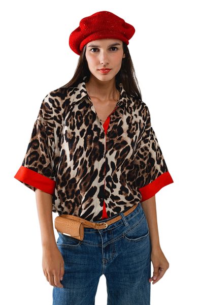 Leopard 3/4 Sleeves Shirt WIth Red Details