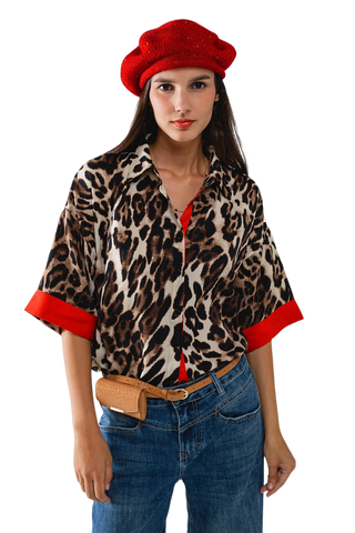 Leopard 3/4 Sleeves Shirt WIth Red Details