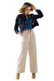 Long Beige Pleated Trousers With Leopard Detail at the Waist