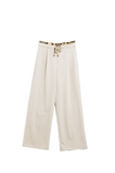 Long Beige Pleated Trousers With Leopard Detail at the Waist