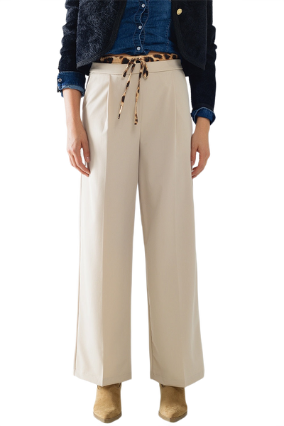 Long Beige Pleated Trousers With Leopard Detail at the Waist