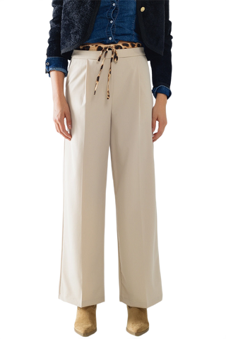 Long Beige Pleated Trousers With Leopard Detail at the Waist