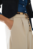 Long Beige Pleated Trousers With Leopard Detail at the Waist