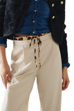 Long Beige Pleated Trousers With Leopard Detail at the Waist