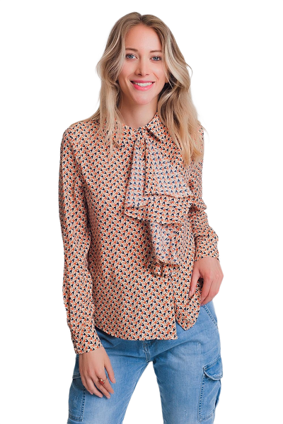 Long Sleeve Blouse With Ruffle Detail in Beige